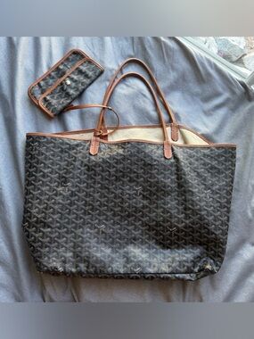 Goyard Brown Black Chevron Canvas Tote with Leather Trim
